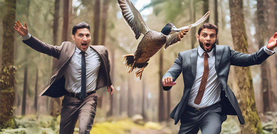 Two guys in business suites chasing a flying duck through a forest