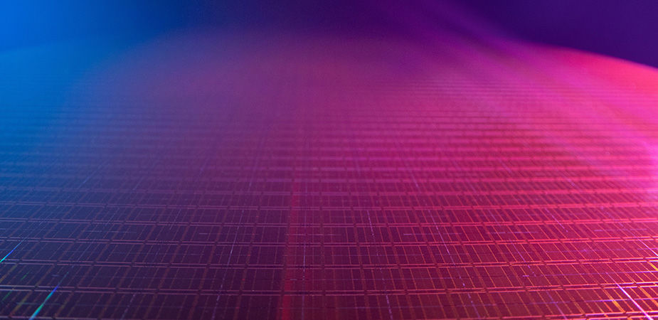 Extreme close-up of wafer in purple and blue hue