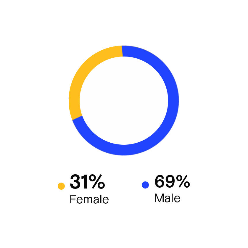 女性佔 31.1%，男性佔 68.9%。