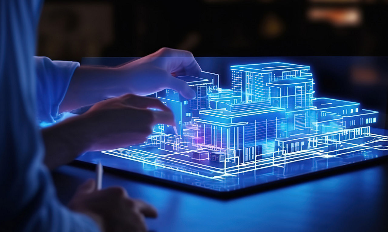 A person crateing a 3-dimensional building in a low-light environment.
