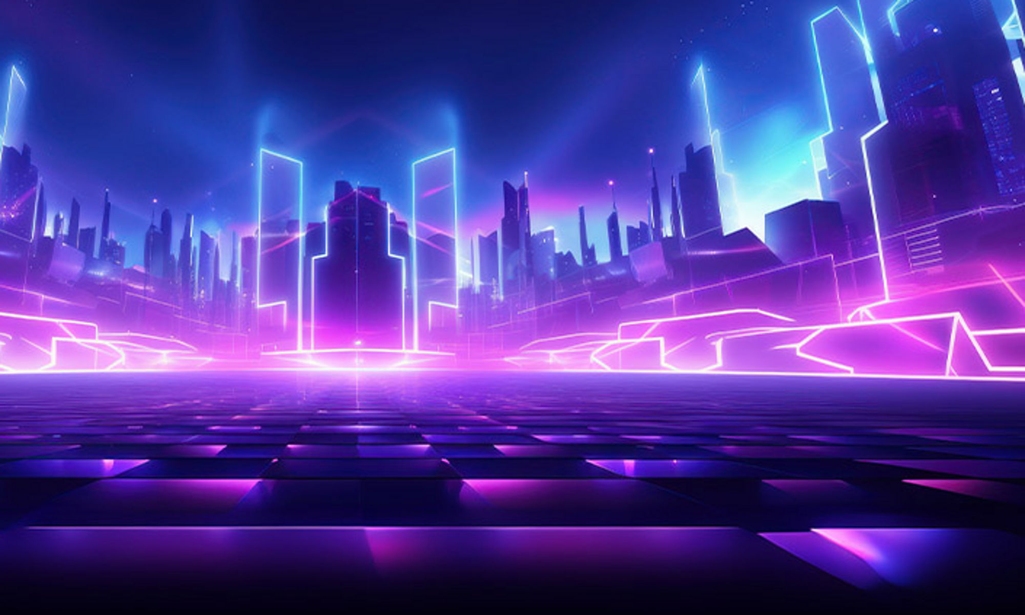 digitally rendered cityscape with neon outlines of buildings with blue and purple gradient