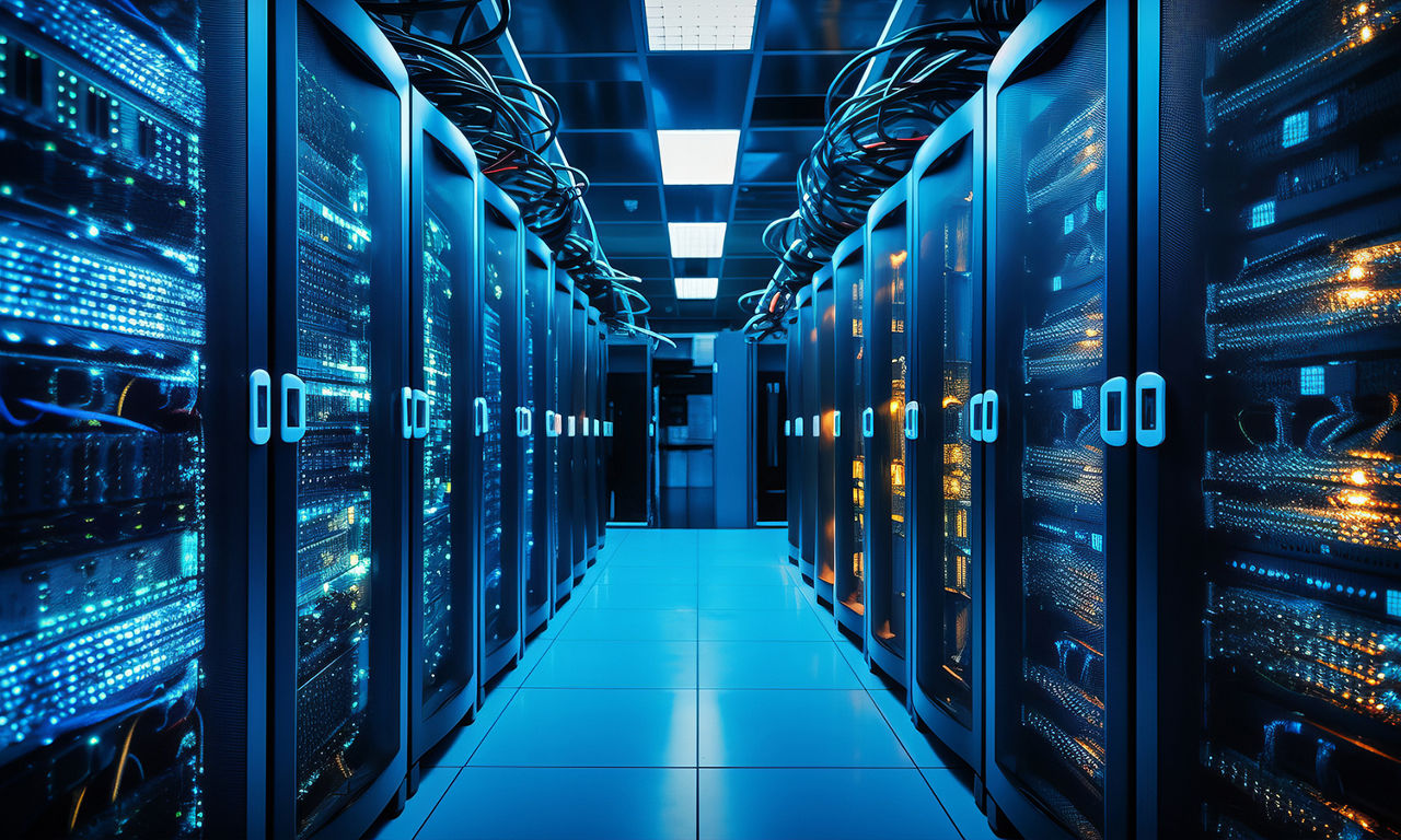 Looking down a serverr hallway, bathed in soft blue light