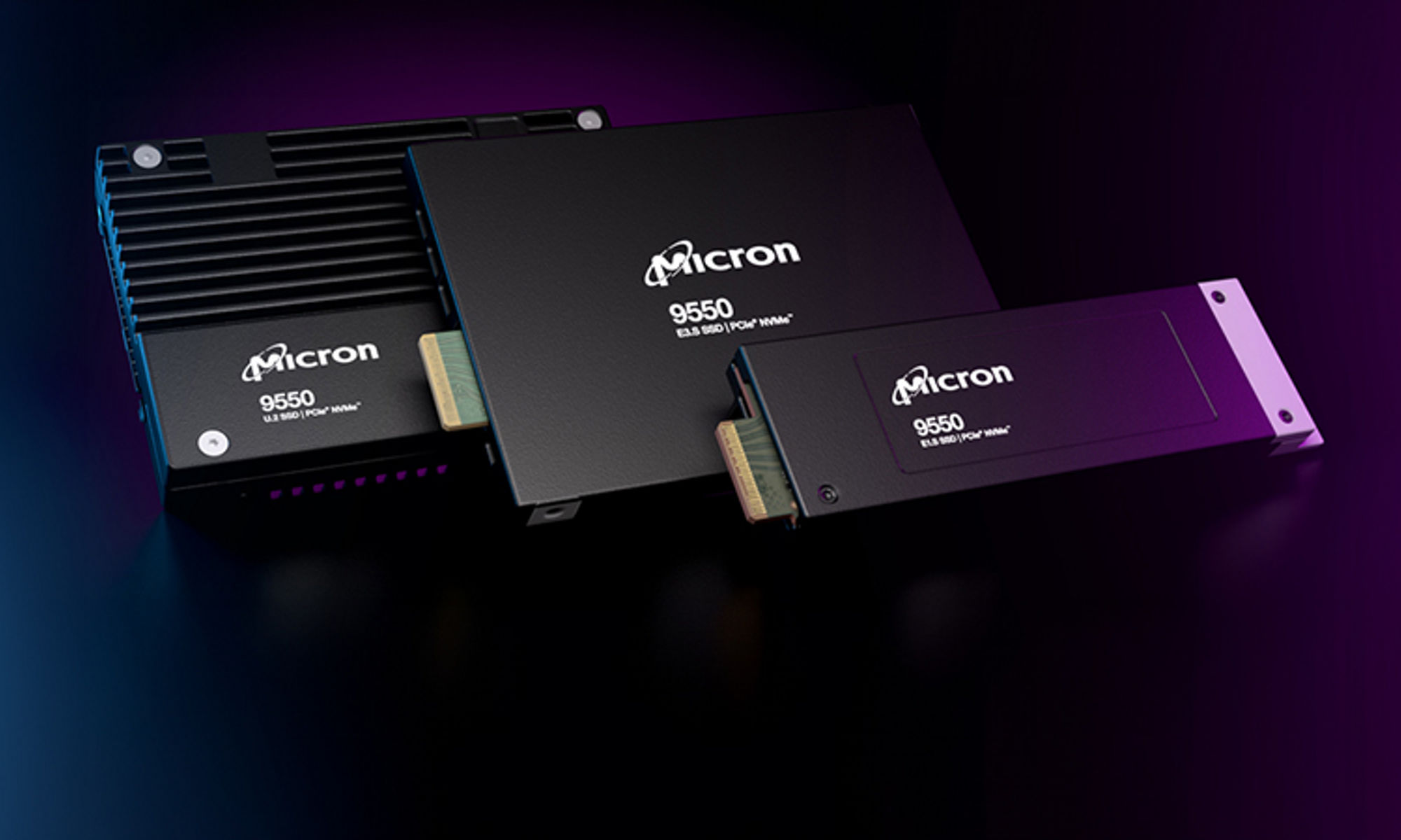 3 Micron 9550 SSD products horizontally displayed against a black and purple gradient background