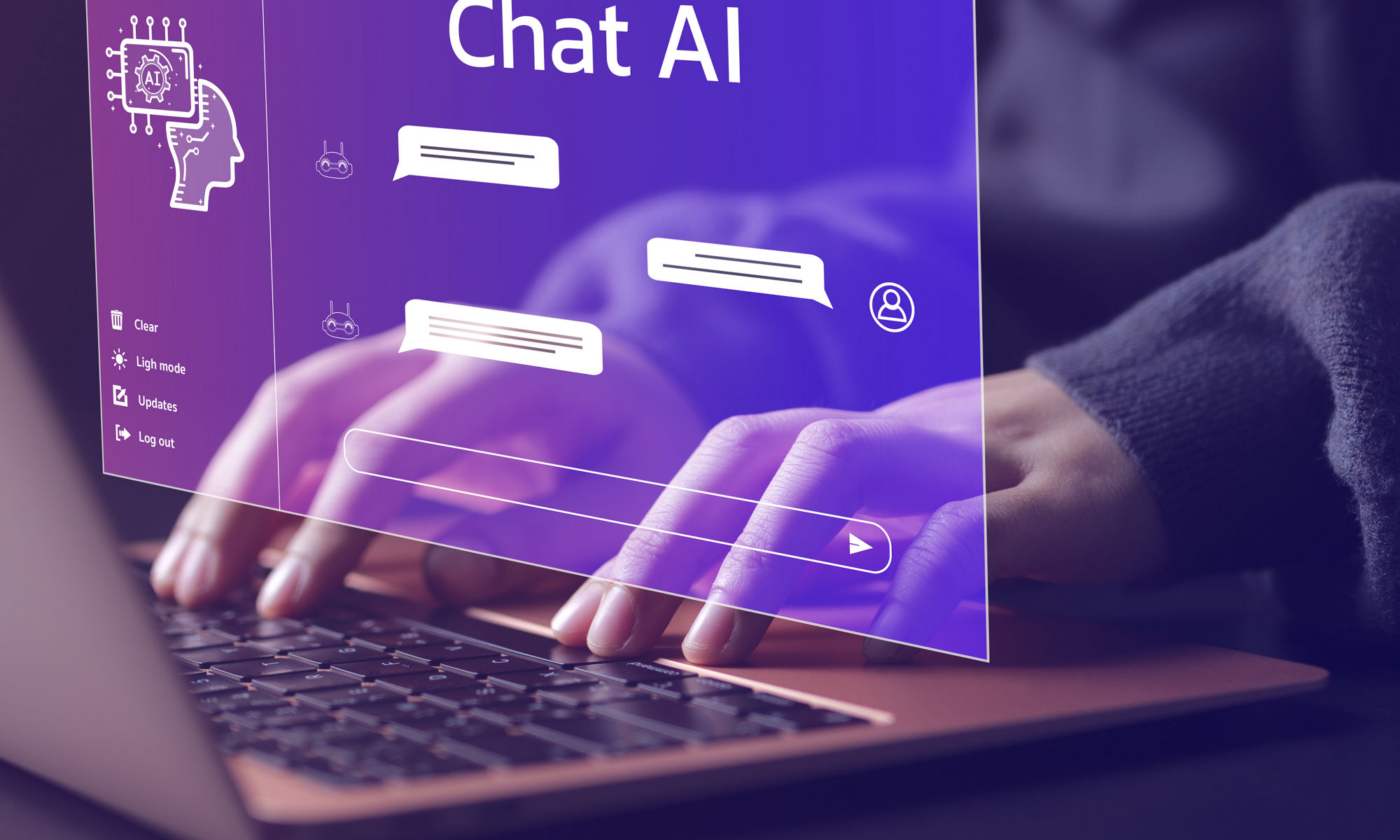 Chat Bot Chat with AI or Artificial Intelligence technology. Woman using a laptop computer chatting with an intelligent artificial intelligence asks for the answers he wants.