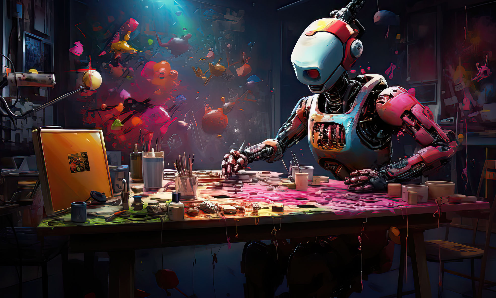 A robot painting a colorful abstract artwork