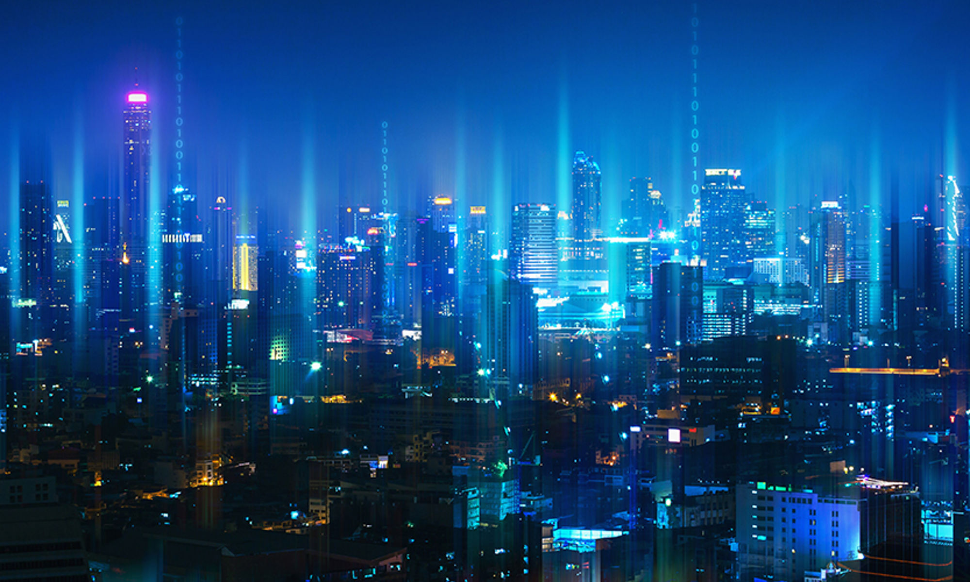 Wireless network and Connection technology concept with Bangkok city background at night in Thailand, panorama view