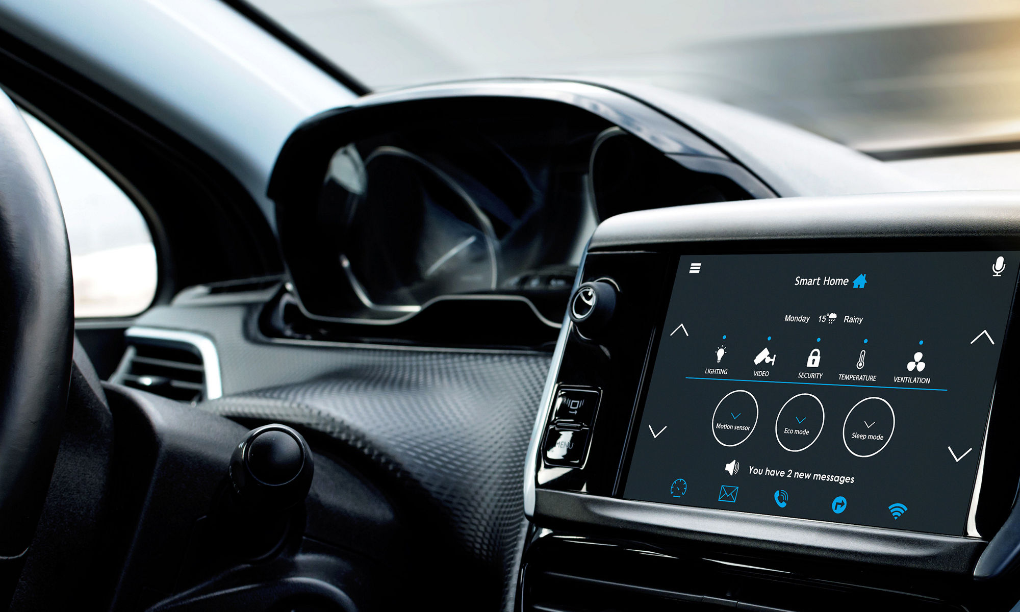 Control home temperature and security with smart home app in-car display. Home temperature, safety and environment