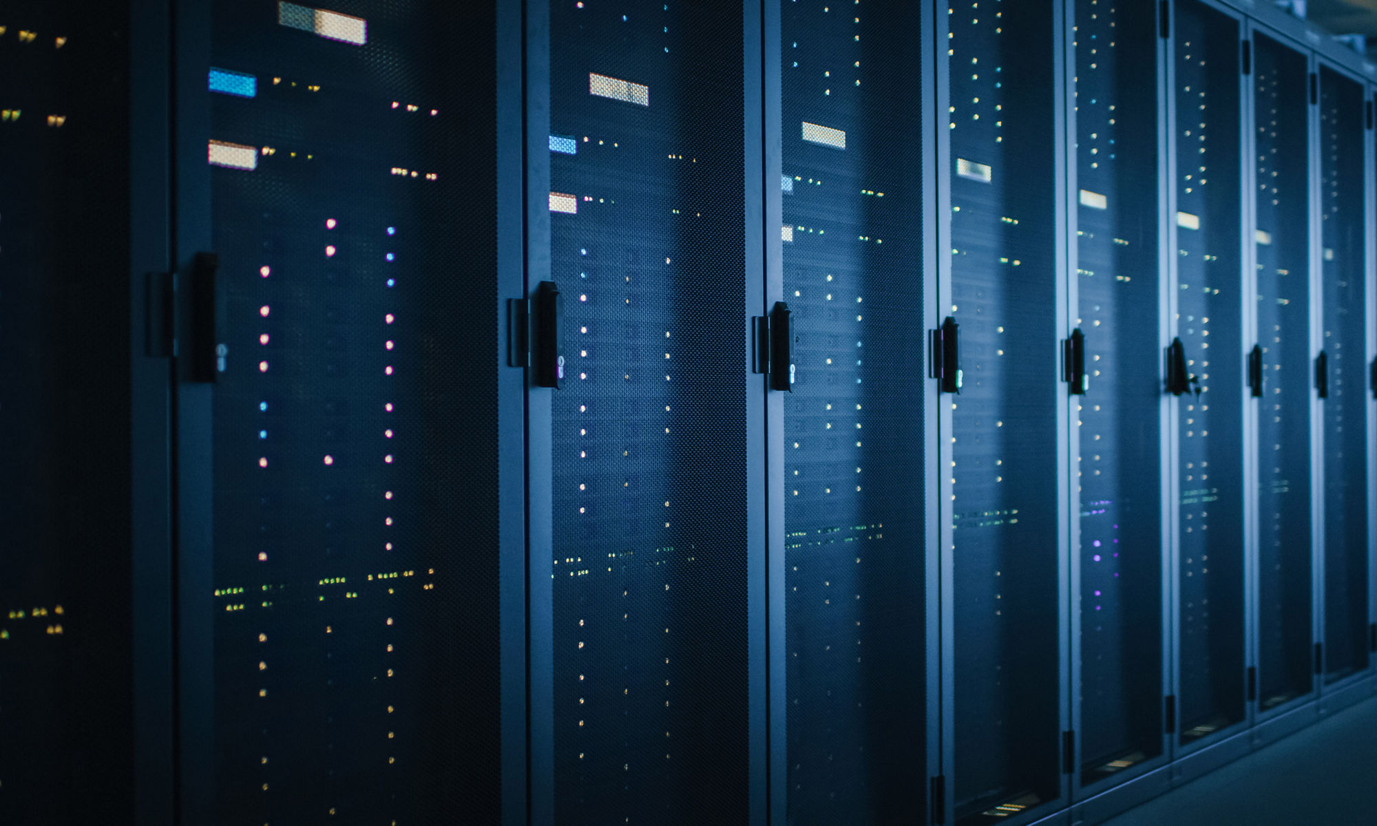 Shot of Dark Data Center With Multiple Rows of Fully Operational Server Racks. Modern Telecommunications, Cloud Computing, Artificial Intelligence, Database, Supercomputer. Blue Neon Light.