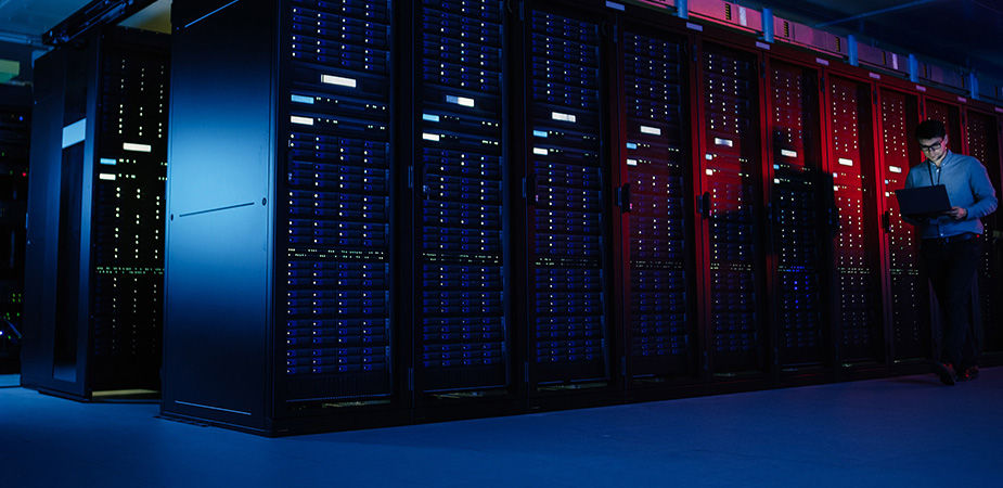 wide shot of data centers in blue tint