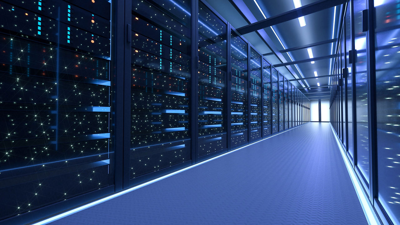 Servers behind glass in a data center 