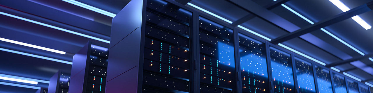 Working Data Center Full of Rack Servers and Supercomputers, Modern Telecommunications, Artificial Intelligence, Supercomputer Technology Concept.3d rendering,conceptual image.