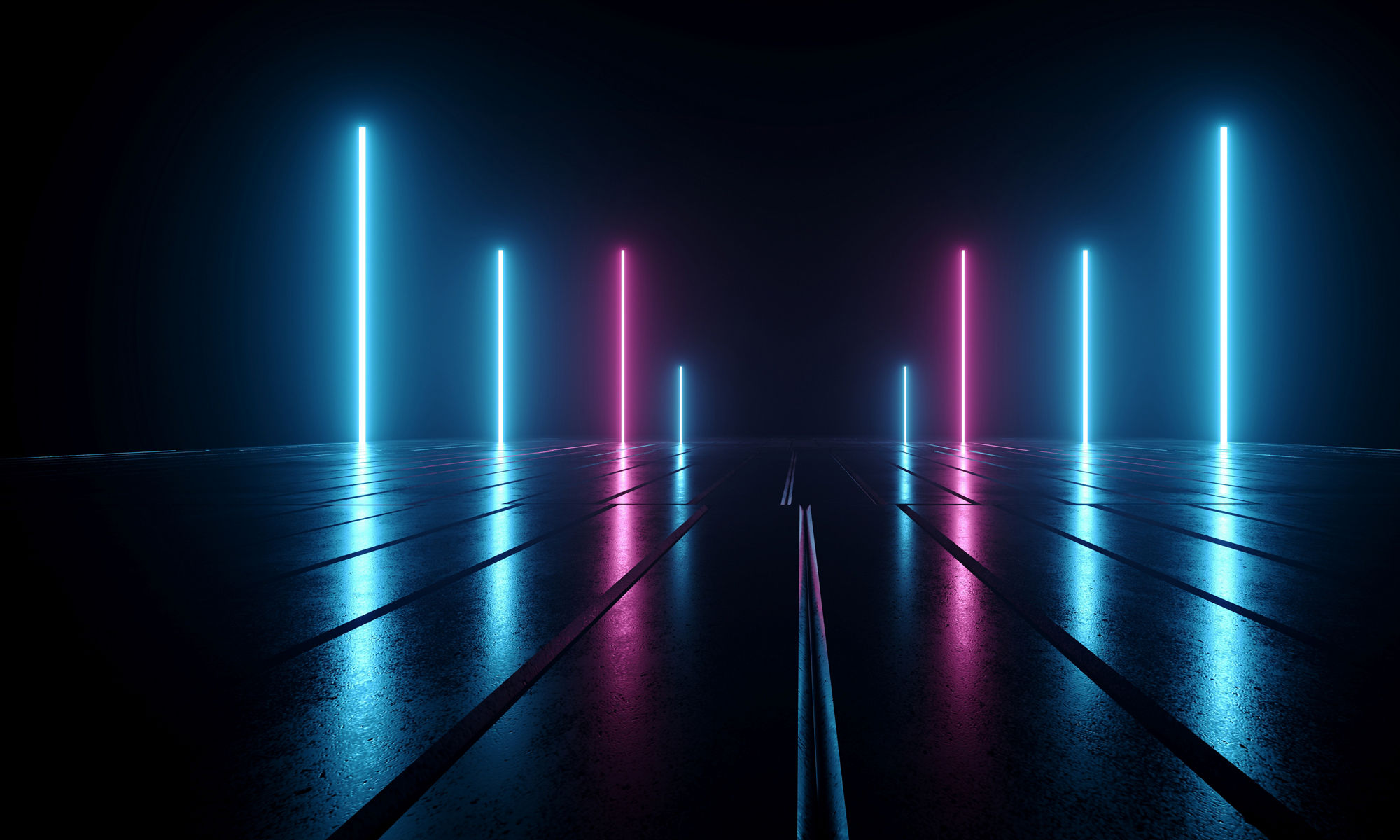 Neon Laser Pillars Lights Glowing Purple Blue Tiled Metallic Concrete Reflective Floor Dark Garage Underground Gate Synth Cyber Virtual Background Retro Modern 3D Rendering Illustration