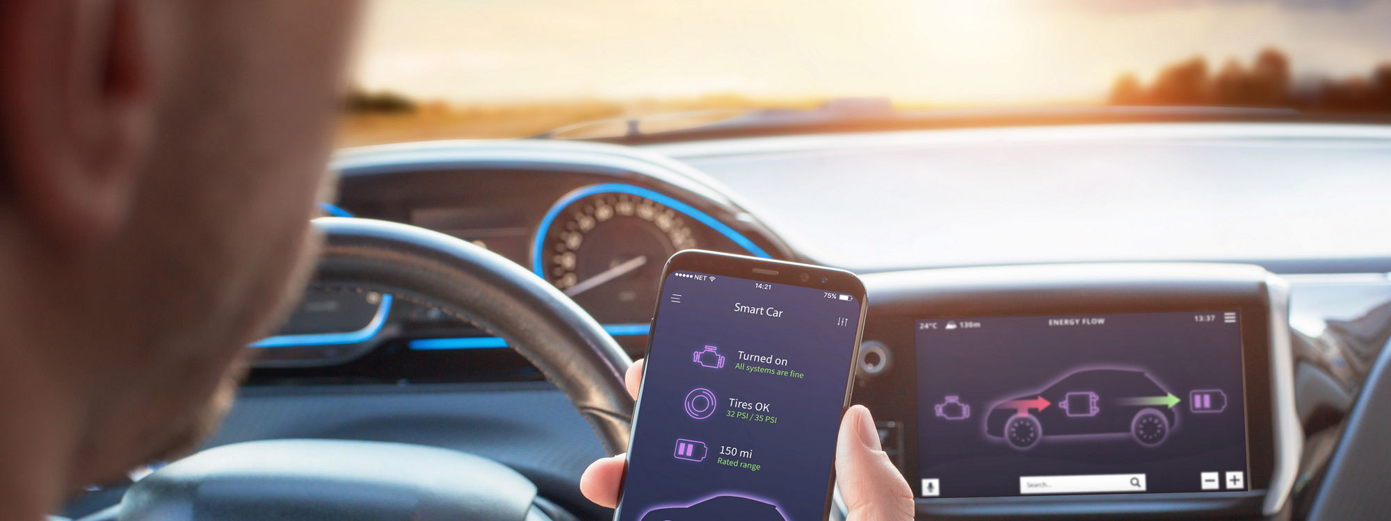 Smart Car app with engine, tyres and battery status information concept. Driver holds a mobile phone. Steering wheel and board display in the background