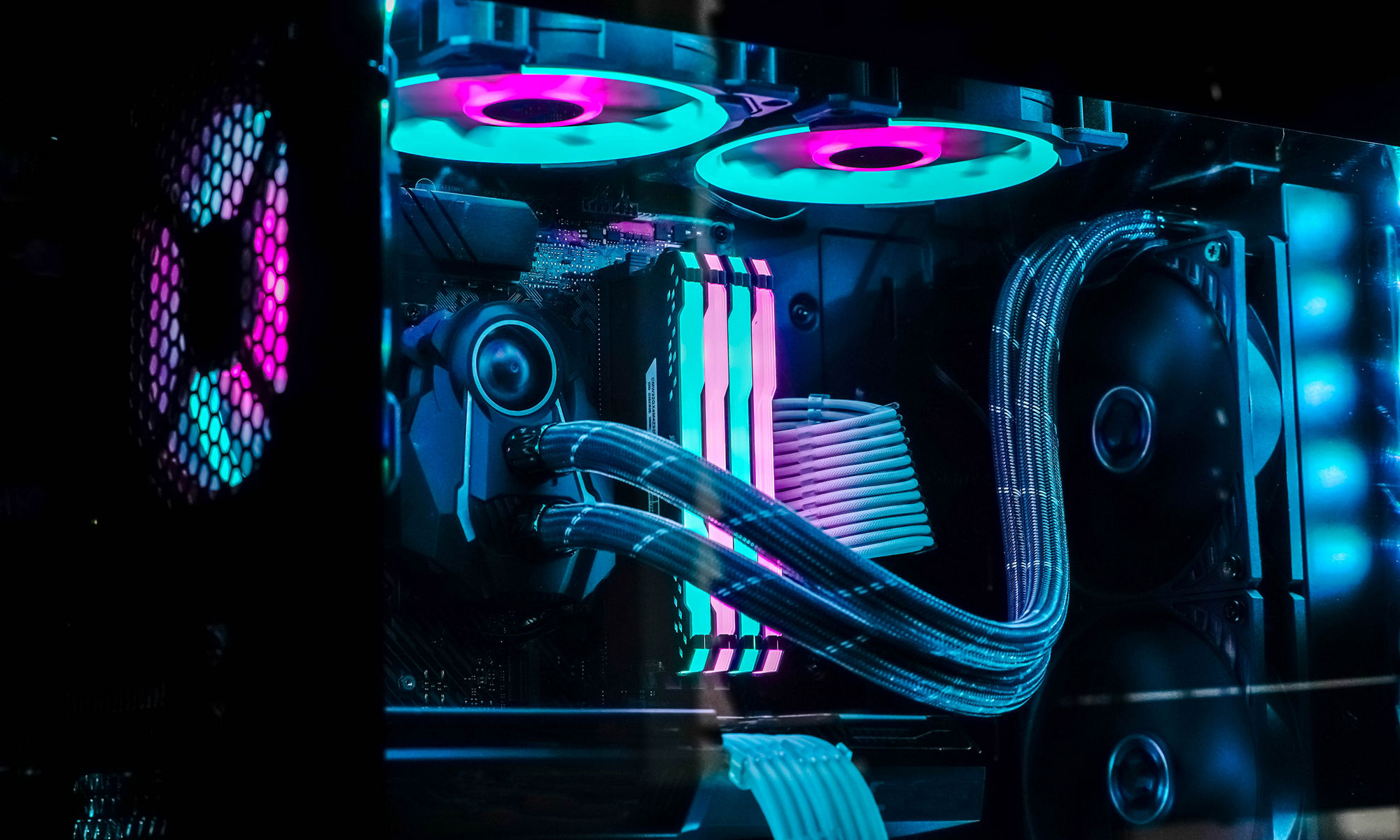 Gaming workstation in bright pink and blue hues