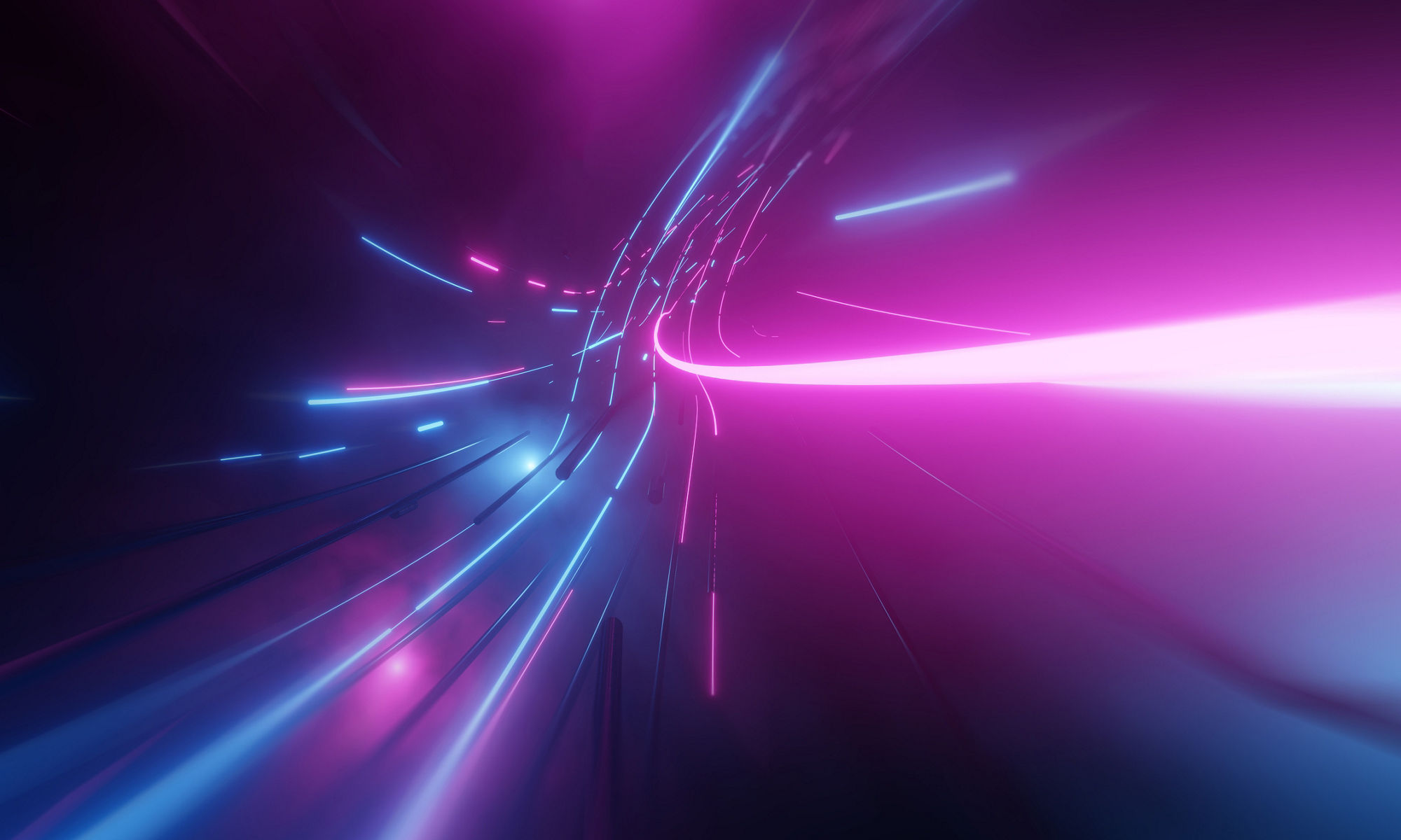 Abstract neon lights into digital technology tunnel. Futuristic technology abstract background with lines for network, big data, data center, server, internet, speed. 3D render