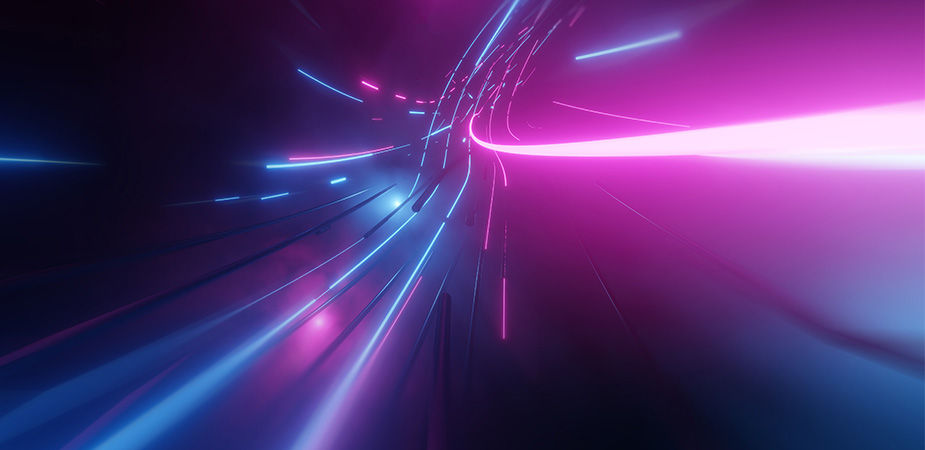 Abstract neon lights into digital technology tunnel. Futuristic technology abstract background with lines for network, big data, data center, server, internet, speed. 3D rende