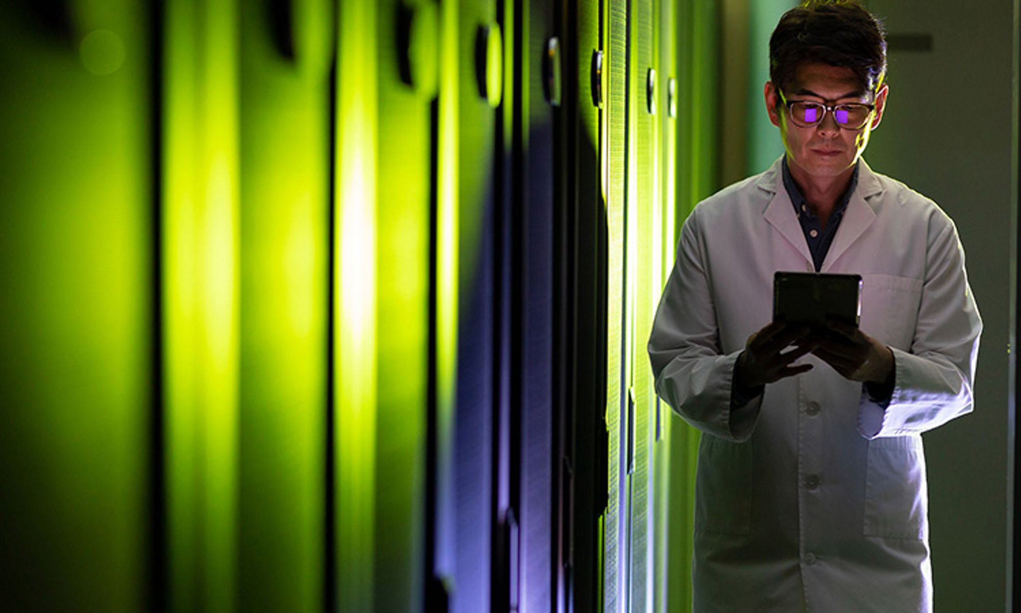 An engineer working in a data center