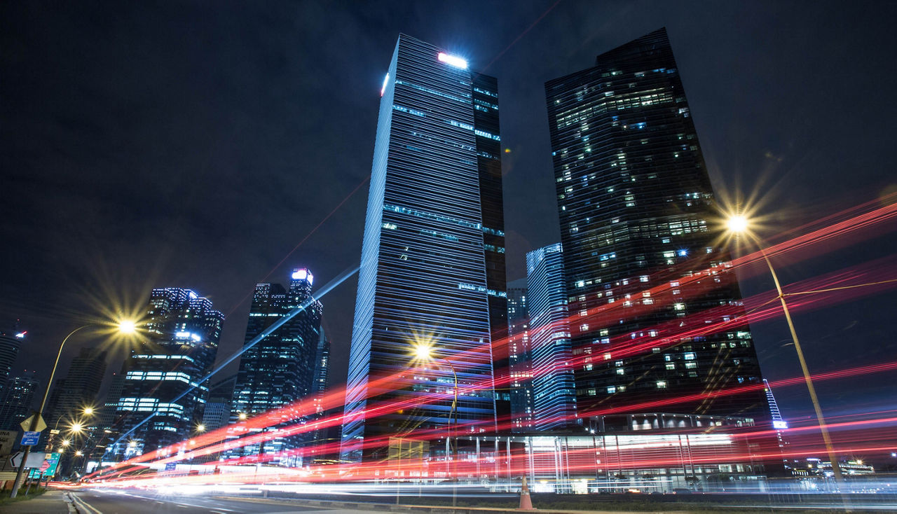 City at night with streaking light