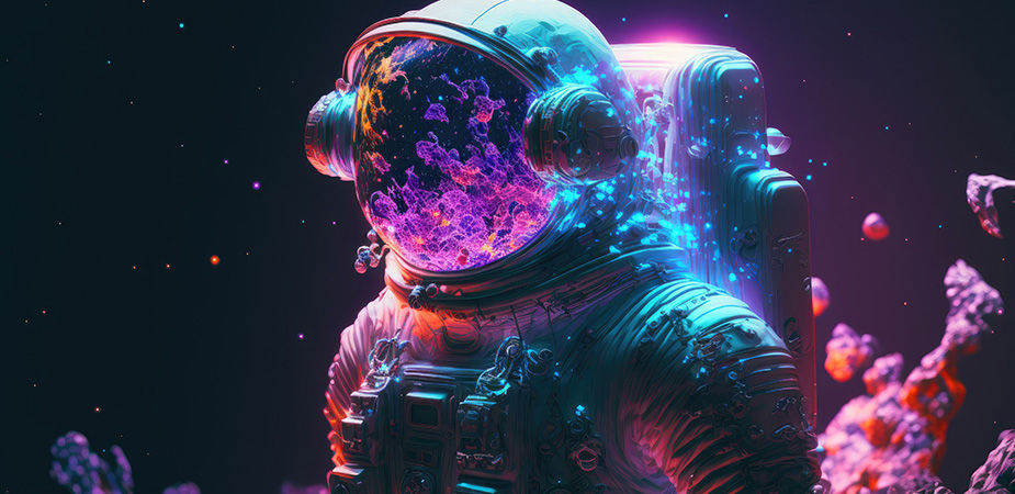 Astronaut floating in space with colorful objects reflecting from their mask.