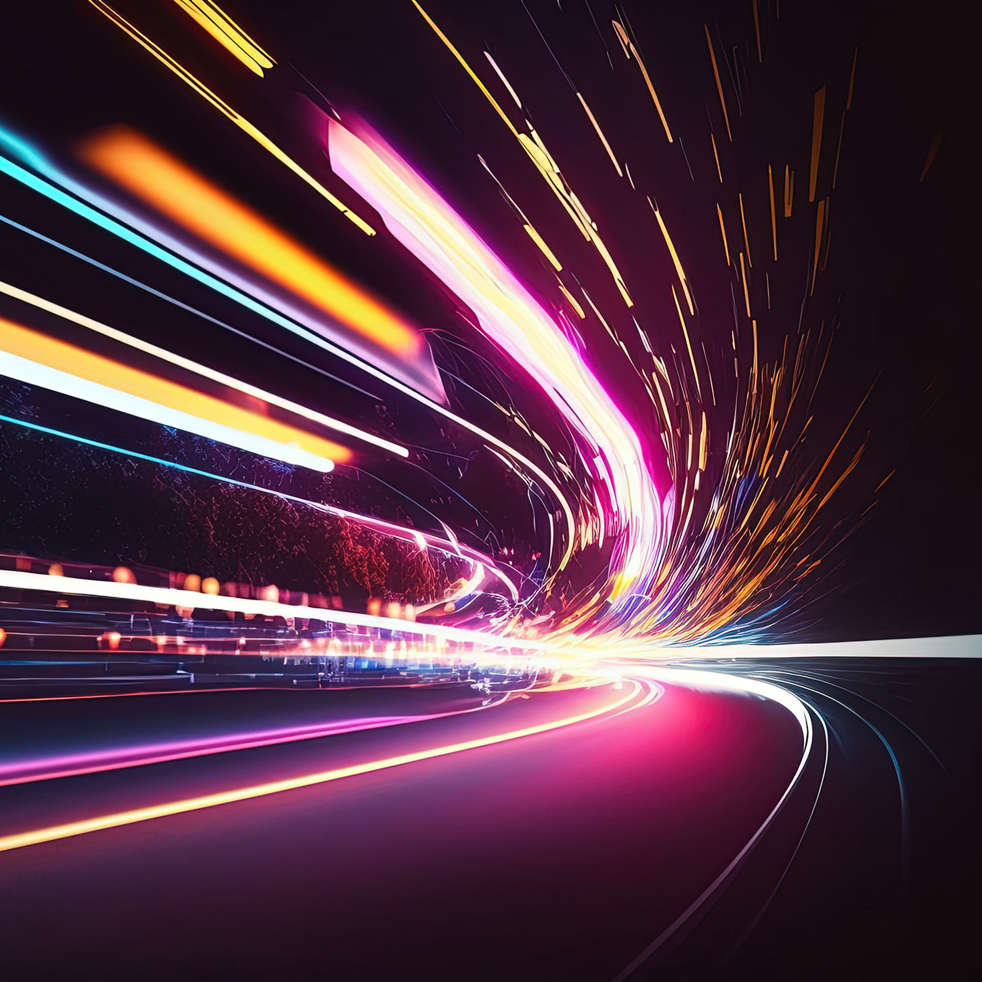 Car motion trails. Speed light streaks background with blurred fast moving light effect, blue purple colors on black. Racing cars dynamic flash effects city road with long exposure night lights by ai generative