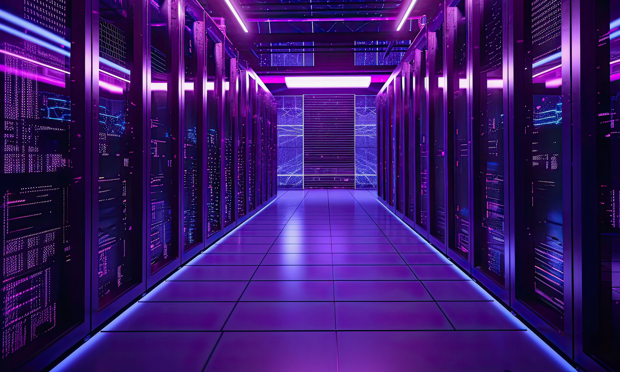 generative ai illustration of a modern high technology server room in purple neon colors