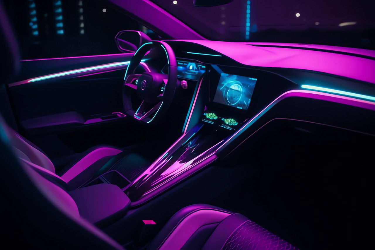 Driving in futuristic car with purple neon colors. Generative AI