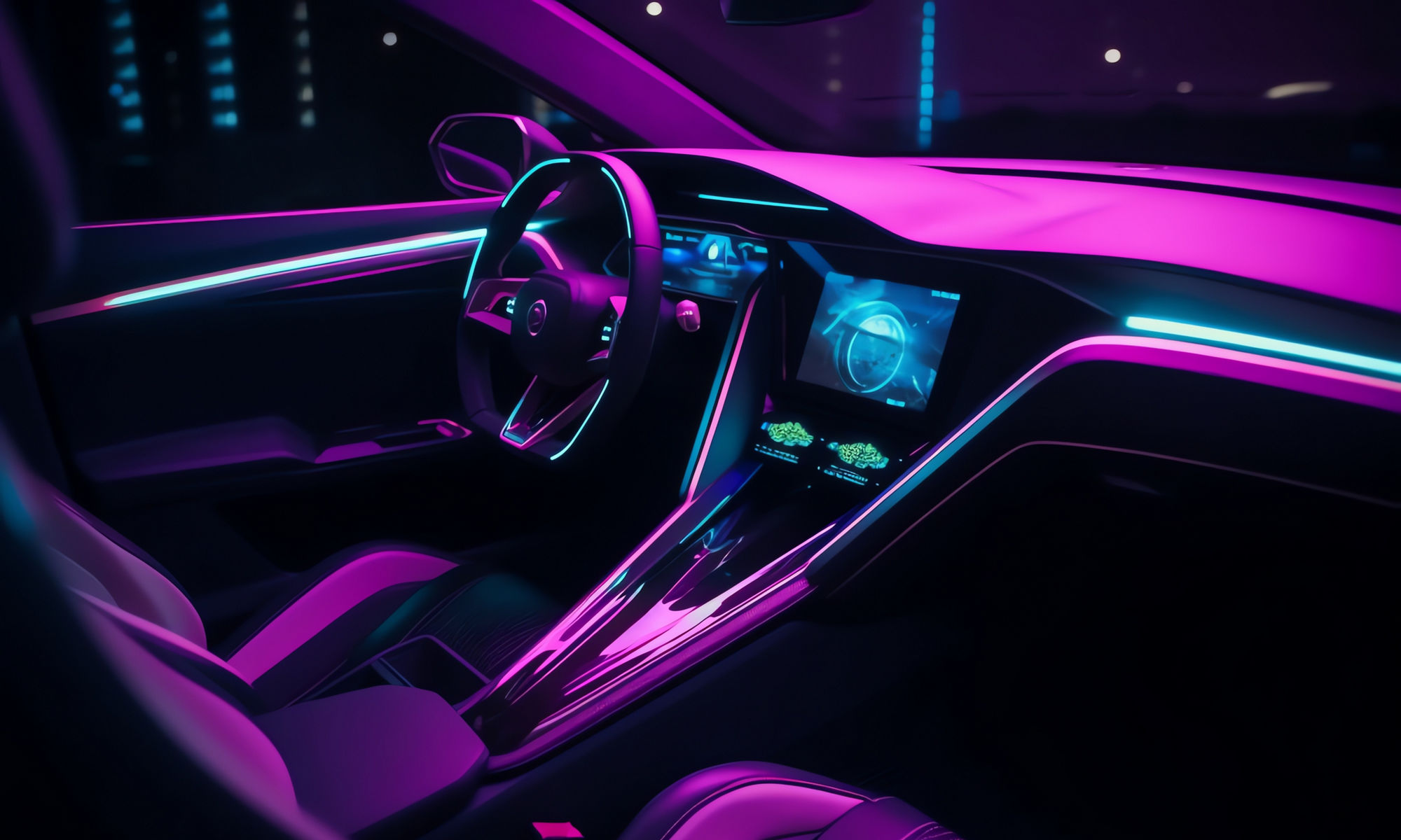 Driving in futuristic car with purple neon colors. Generative AI