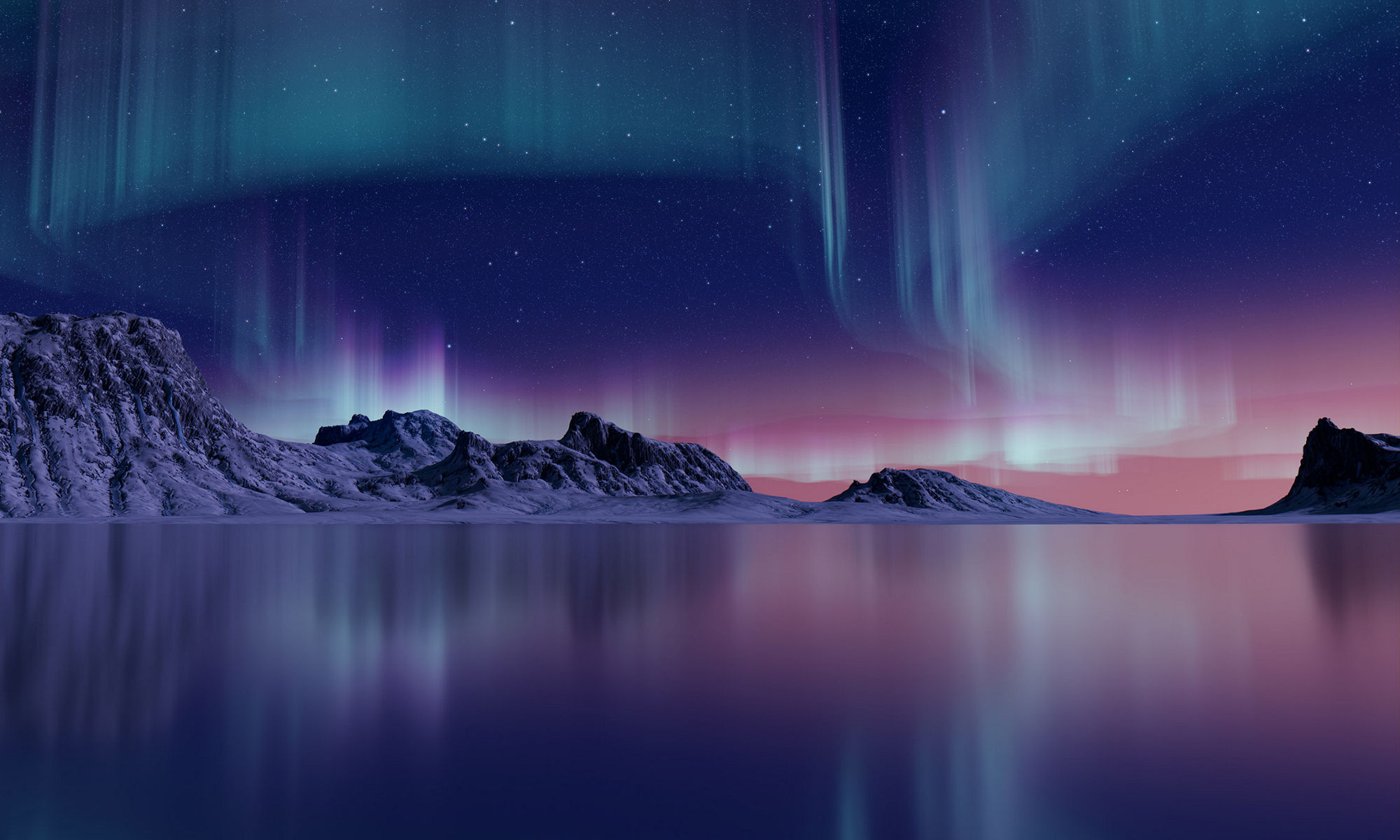 Beautiful Sky with Aurora and Stars. Blue Northern Lights Wallpaper with copy-space.