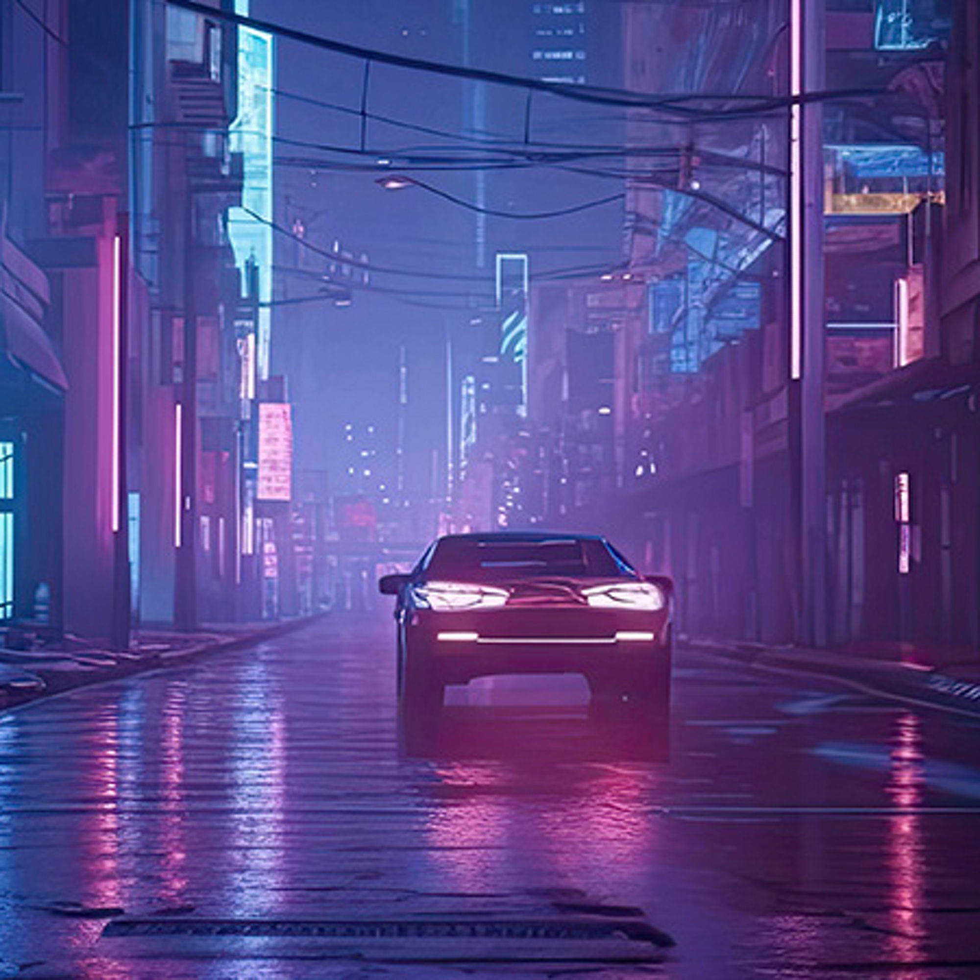 Far awy car in a dark and moody city allyway at night.