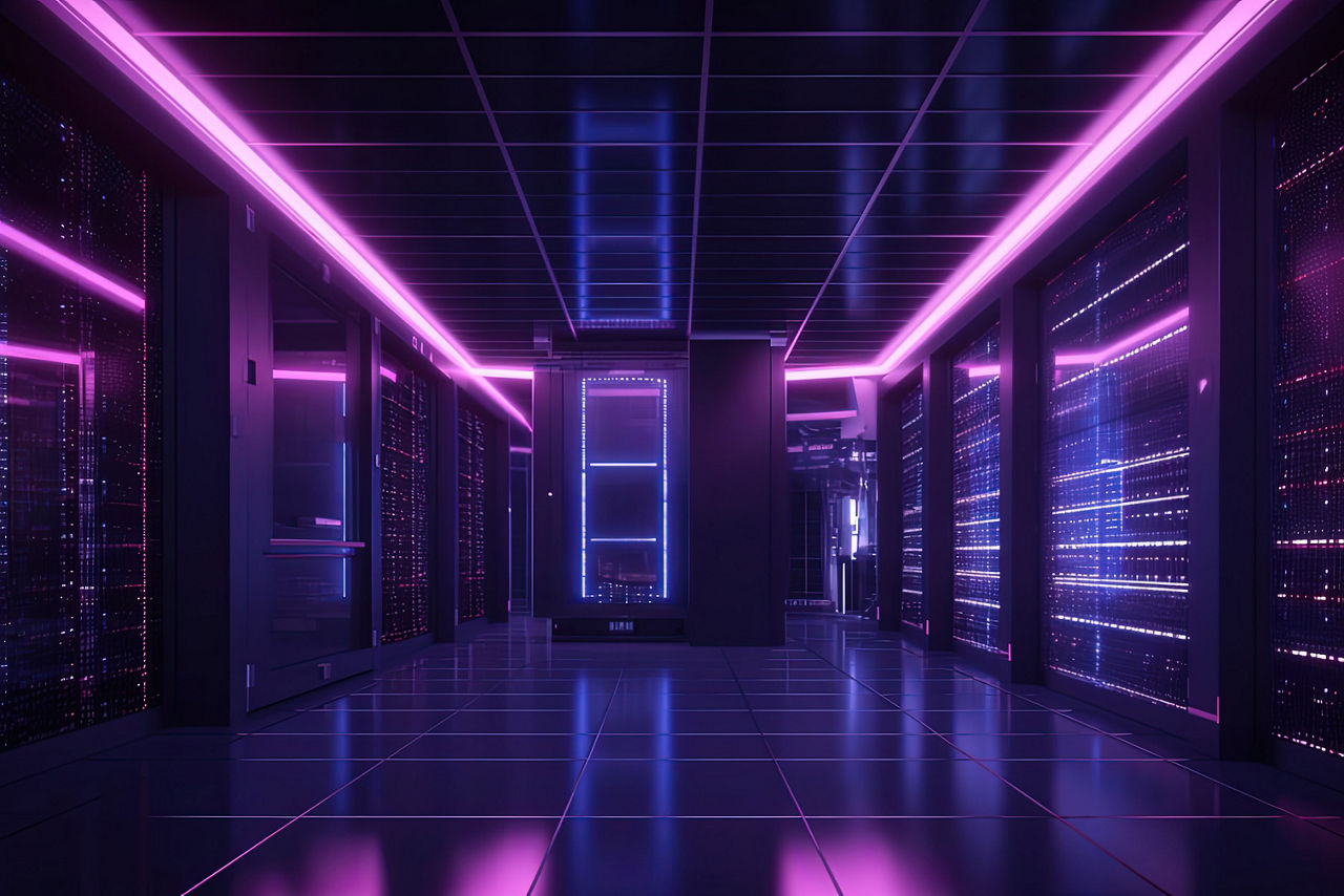 Data server center background, digital hosting, purple neon lights