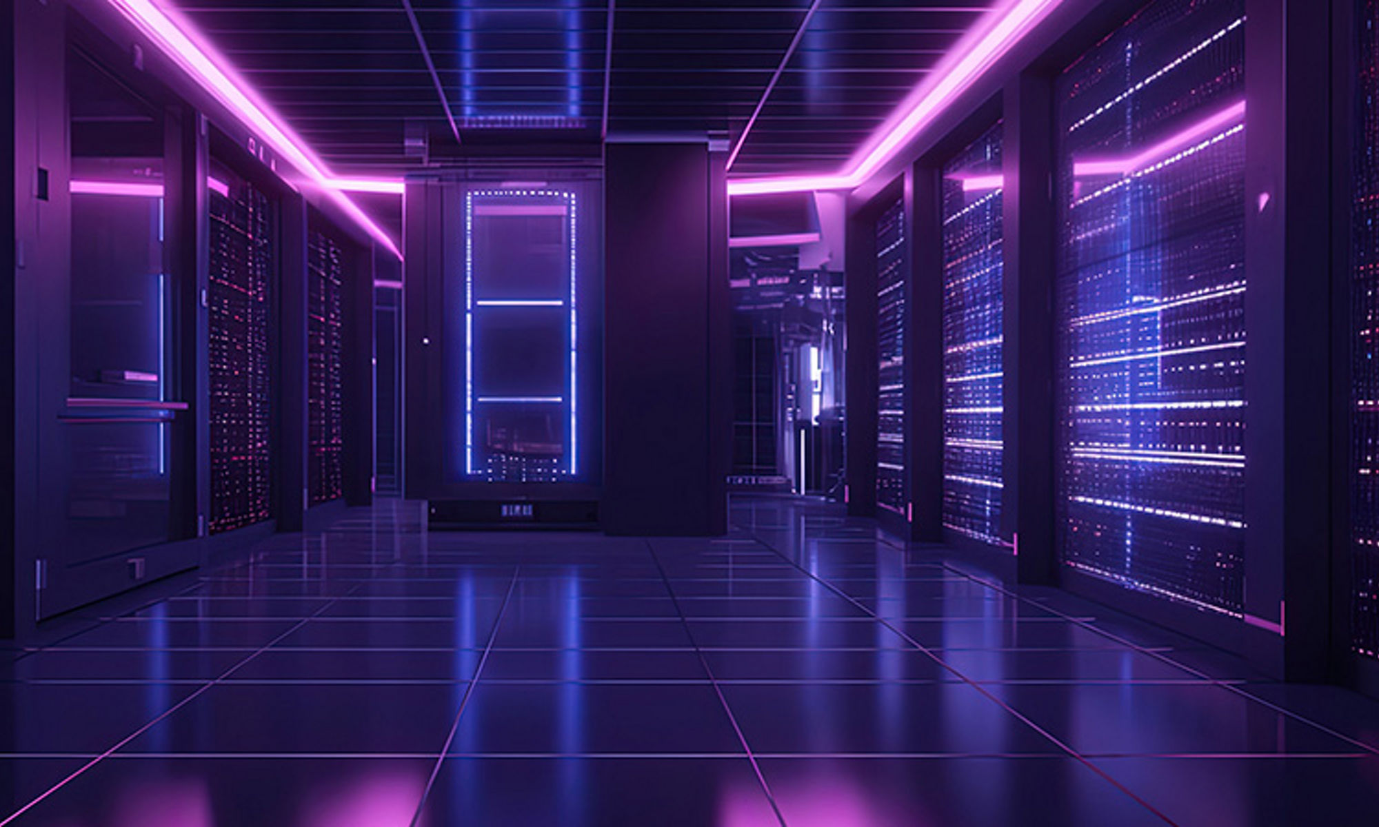 Server room with purple lights