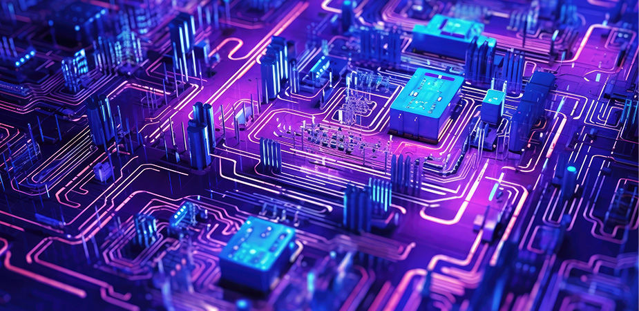 red and blue lit circuit board
