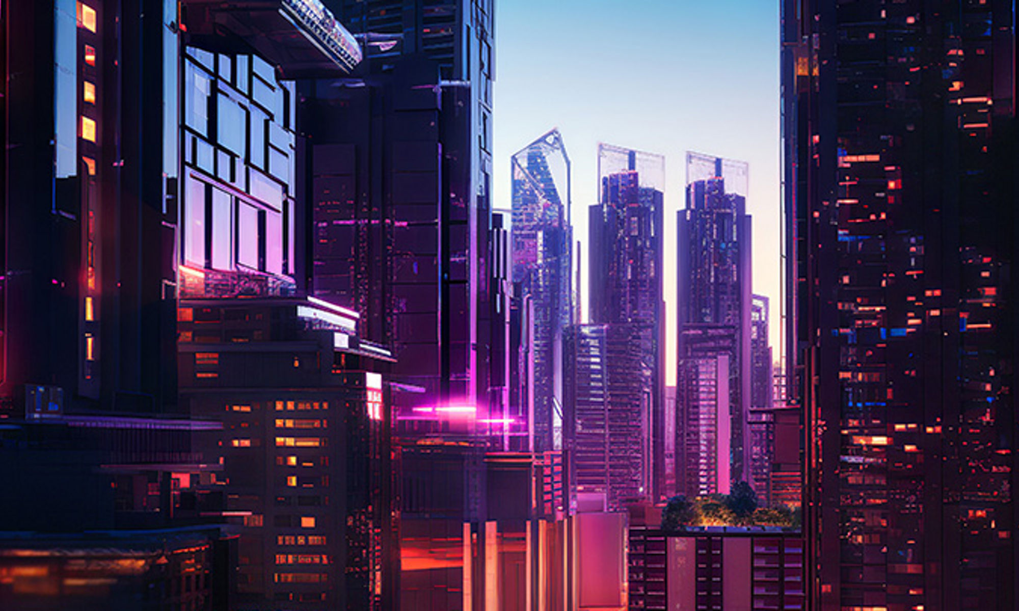 An illustration of a futuristic city at night and a sci-fi vision of a futuristic neon city with bright blue, purple and red lights every day. AI generated.