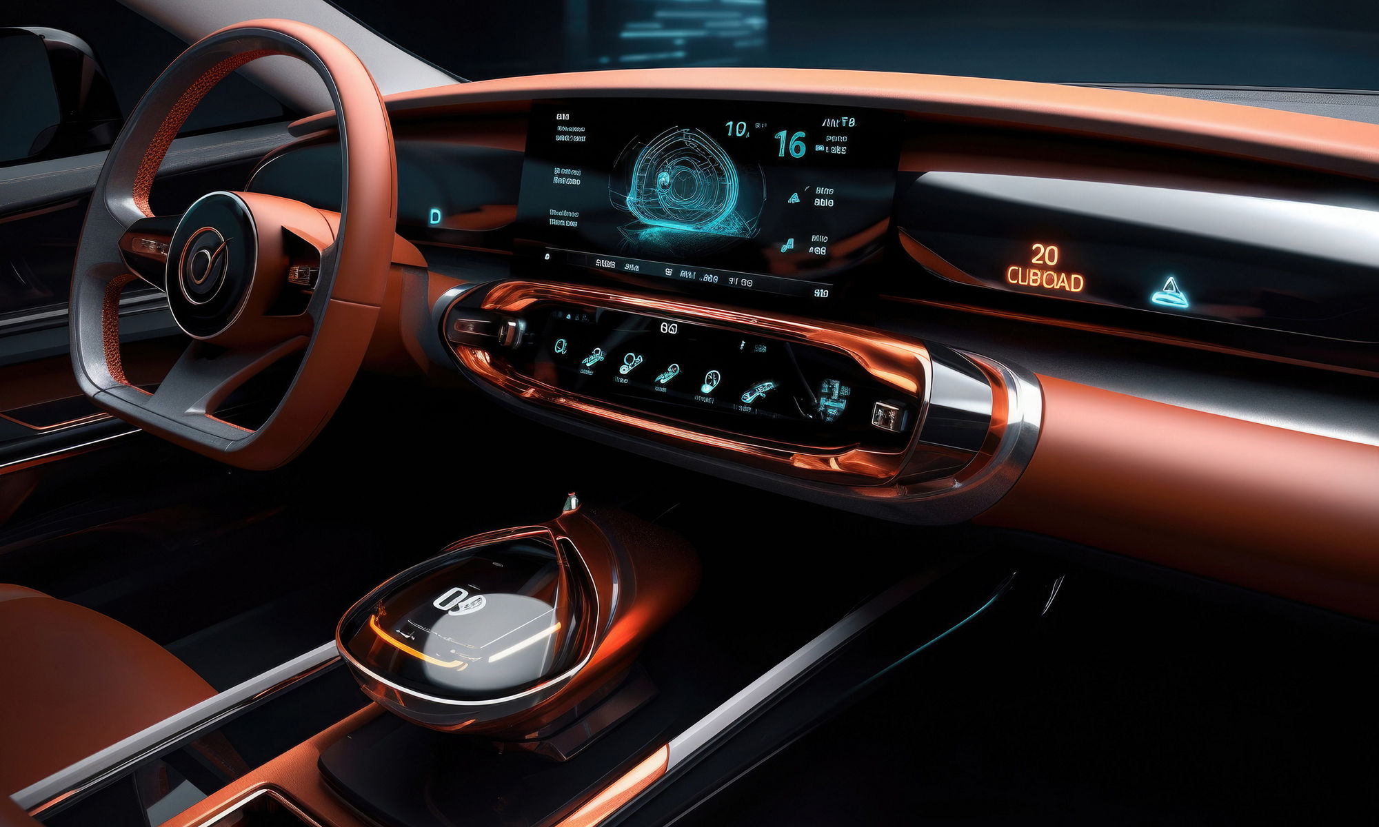 豪華汽車的未來感內部。沒有駕駛的汽車駕駛座位與數位儀表板。以生成式 AI 建立