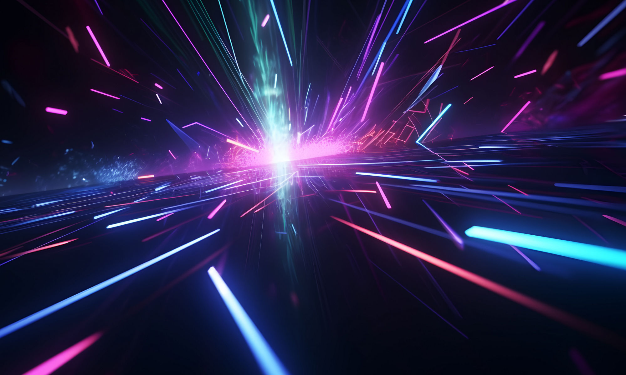 Blue pink and purple neon glow laser beam light lines moving fast to the center, digital, high speed internet, cyberpunk, telecoms techonogy backdrop. futuristic abstract background. Generative AI