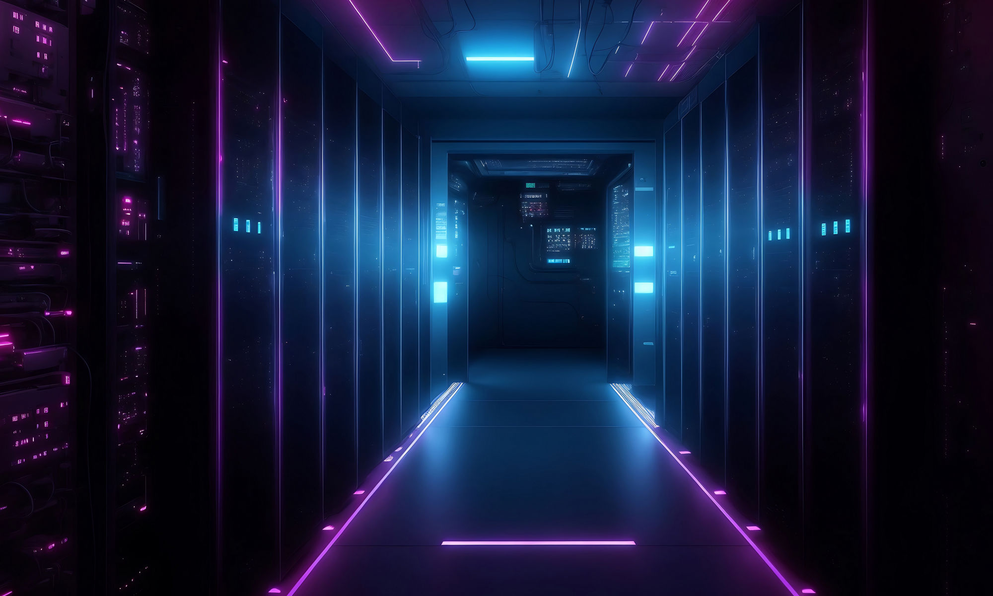 A modern digital data center computer network room with neon lights - Generative AI