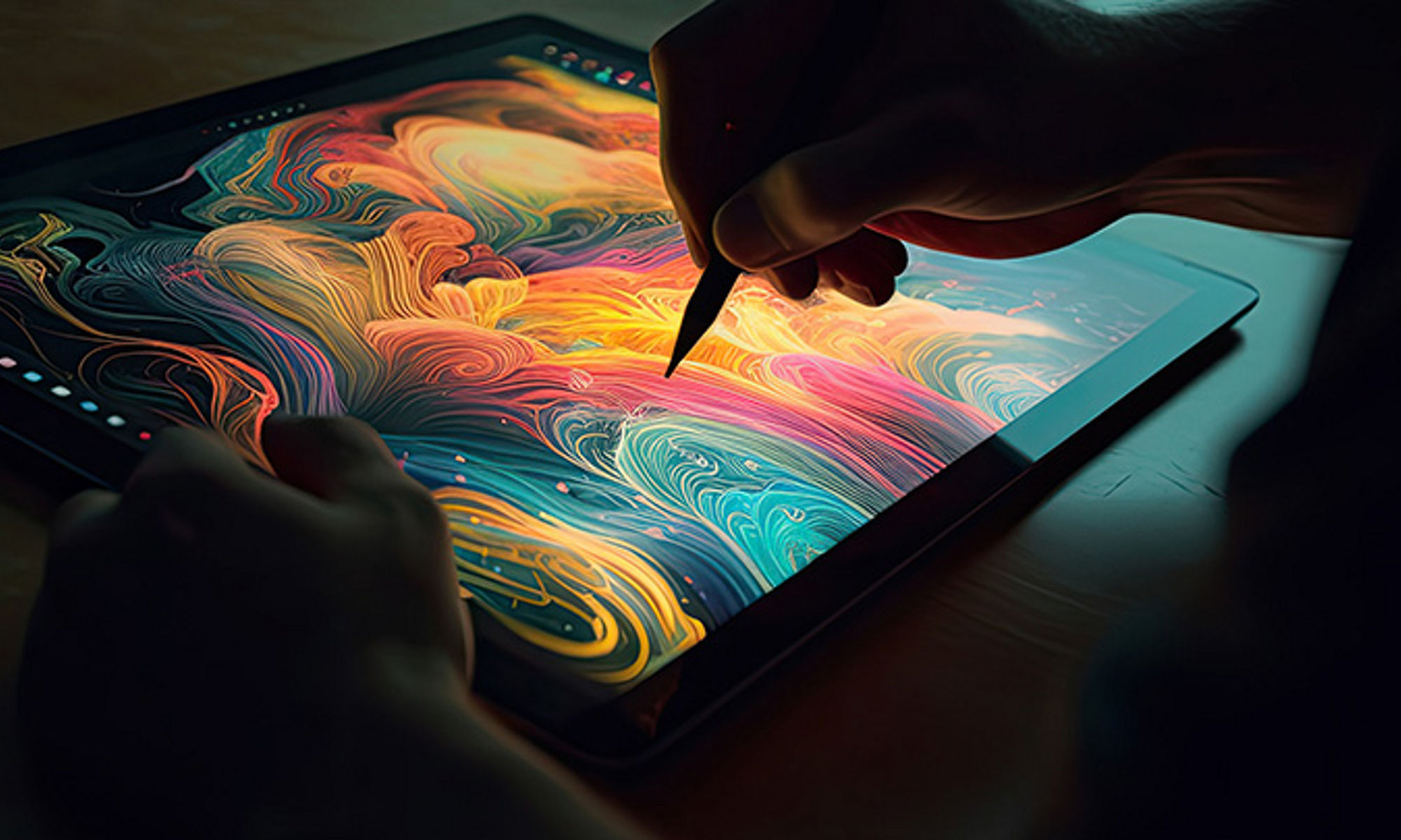 An artist in a dimly lit room using a stylus to create a colorful abstract design on a tablet