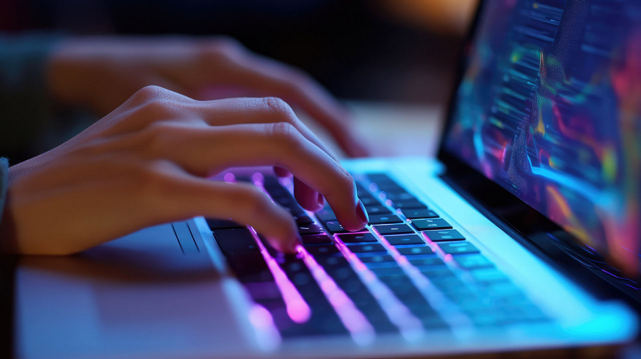 Close up of hands, Data Search Technology SEO Search Engine Optimization concept. Woman typing on purple lit laptop computer keyboard to search data on web browser, close-up of hands