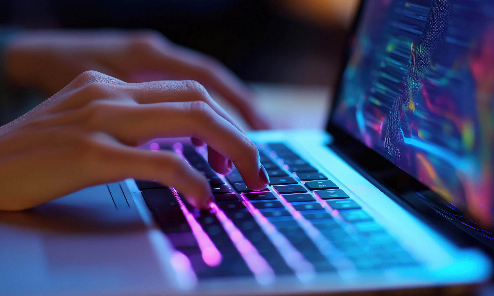 Close up of hands, Data Search Technology SEO Search Engine Optimization concept. Woman typing on purple lit laptop computer keyboard to search data on web browser, close-up of hands