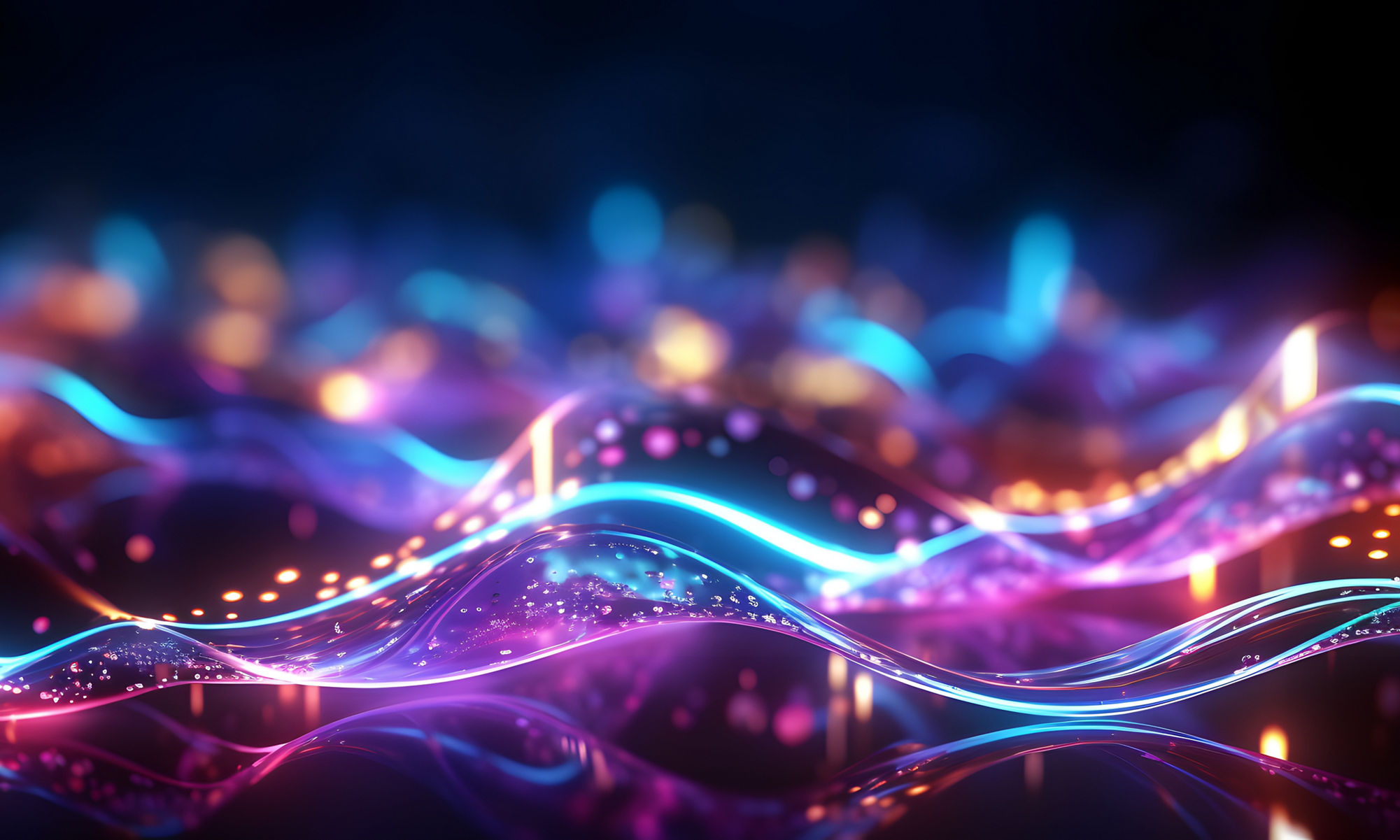 abstract background with pink blue glowing neon lines and bokeh lights. Data transfer concept. Digital wallpaper, AI Generative