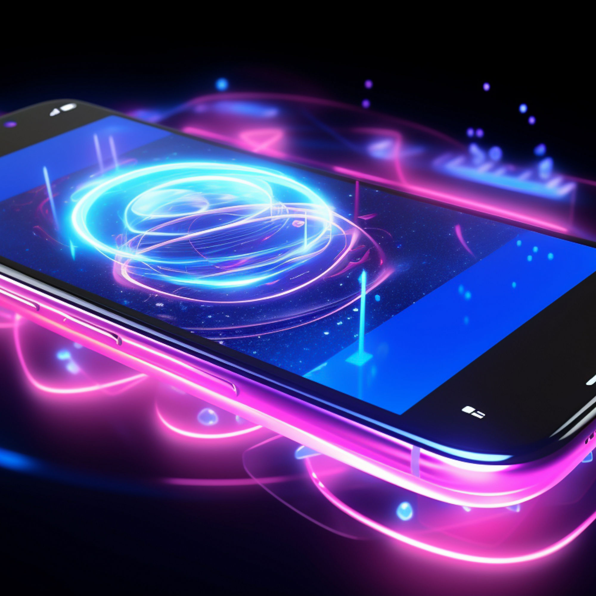 Hologram 3D futuristic mobile phone. Abstract digital user interface technology. Smartphone hangs in the air. Realistic phone with blank screen. Smartphone perspective view with blank screen