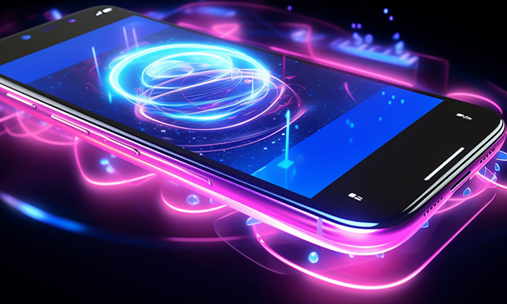 ai generated mobile phone with swirling pink lights