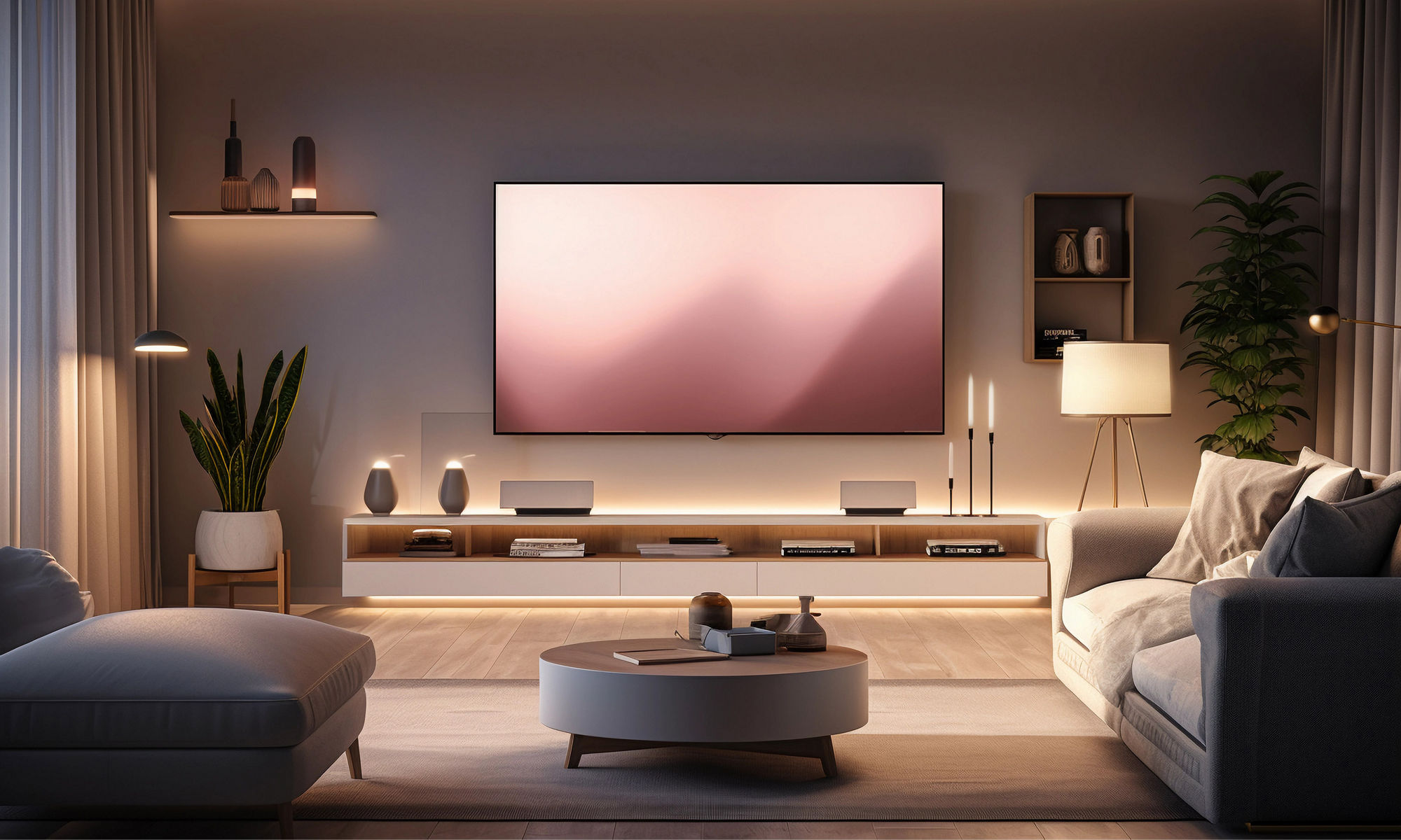 a modern living room illuminated by ambient smart home technology; changing LED lights behind the TV, smart speaker on the side table, thermostat mounted on the wall, IoT devices