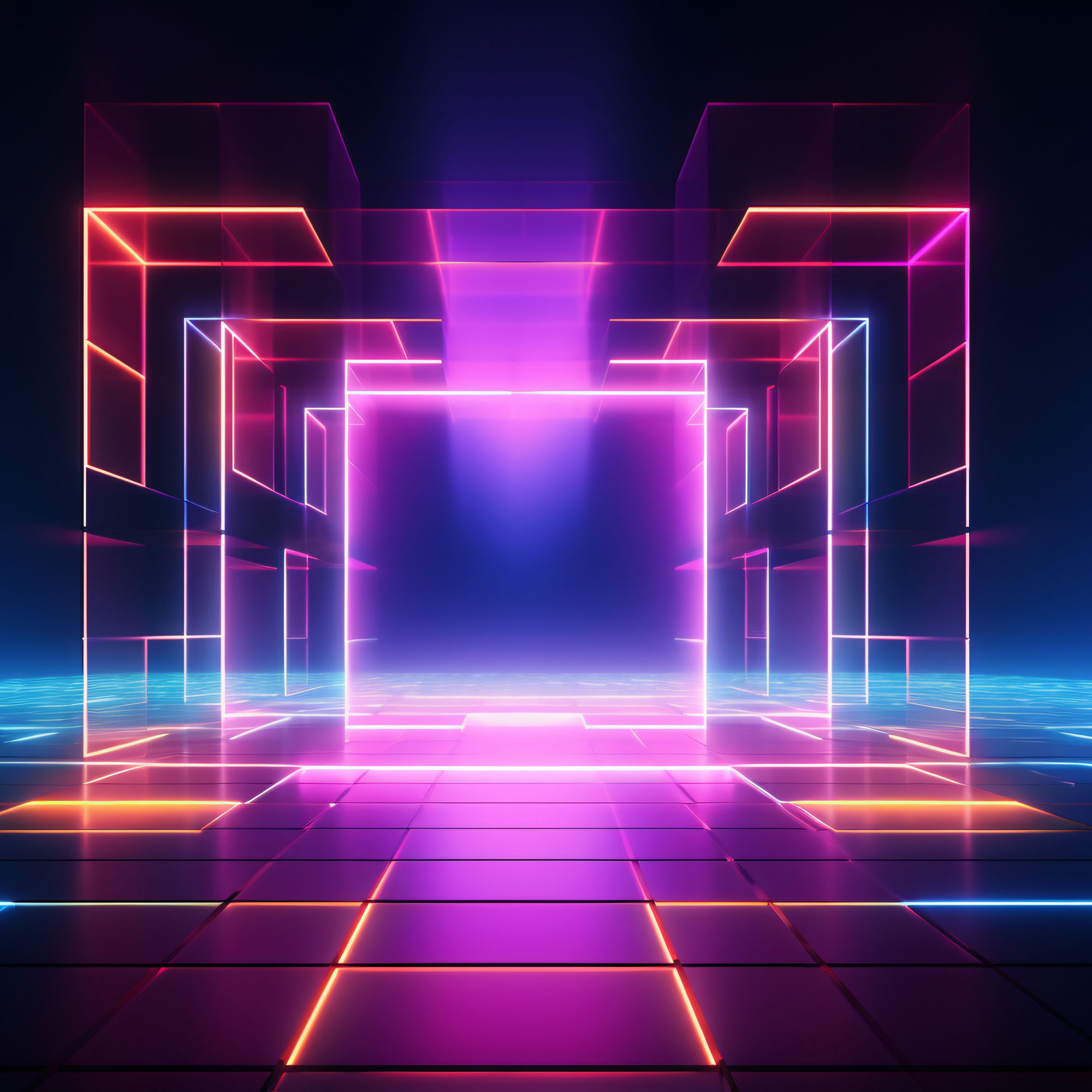 Abstract neon light geometric background. Glowing neon lines. Empty futuristic stage laser. Colorful rectangular laser lines. Square tunnel. Night club empty room. Laser show design. Generative AI.