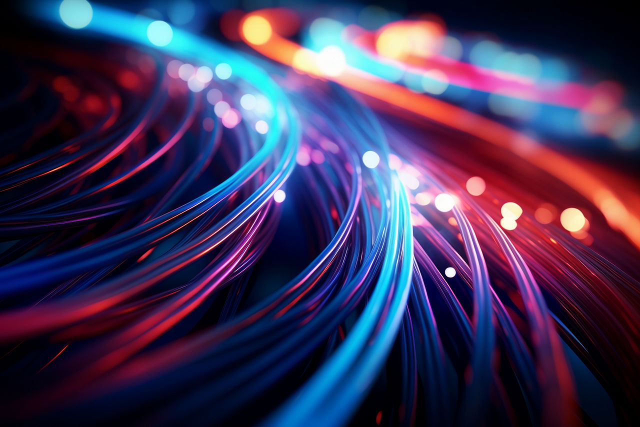 Colorful optic fiber electrical cables wires neon waves lines abstract background pattern glow colored streams information optical connection internet web multicolor rainbow blue data led technology 3d ai design. High quality background.