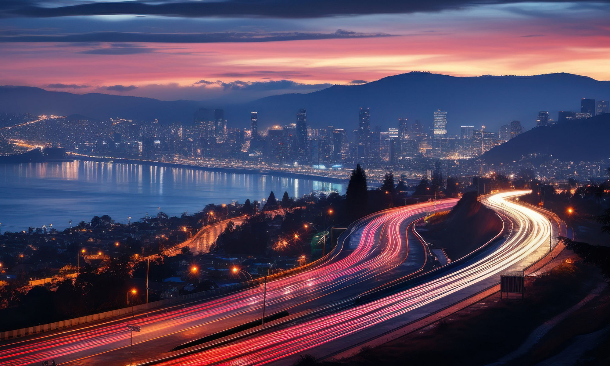汽车在夜间高速公路上飞驰的抽象画面，背景为海湾和日落