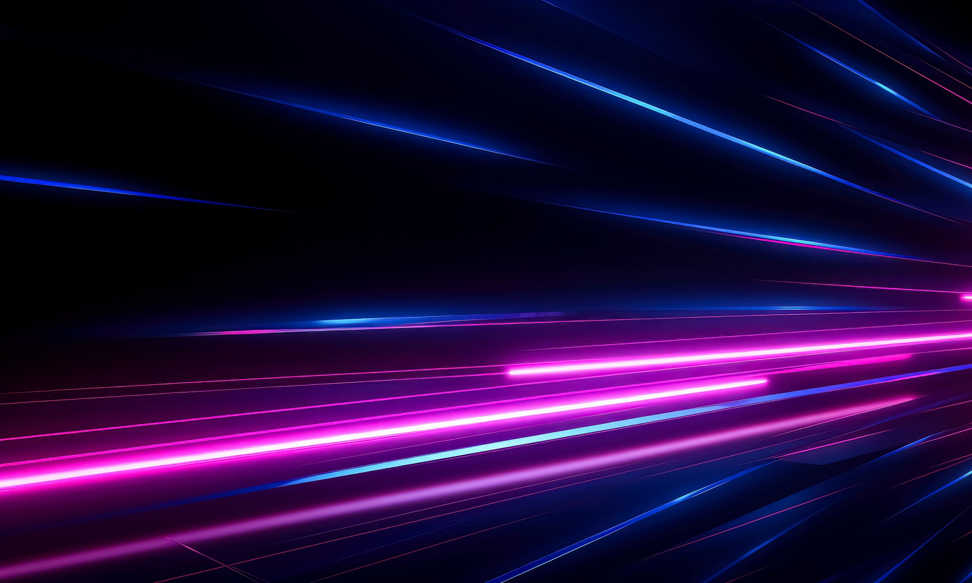 Abstract pink and blue neon lines against black background receding into the background