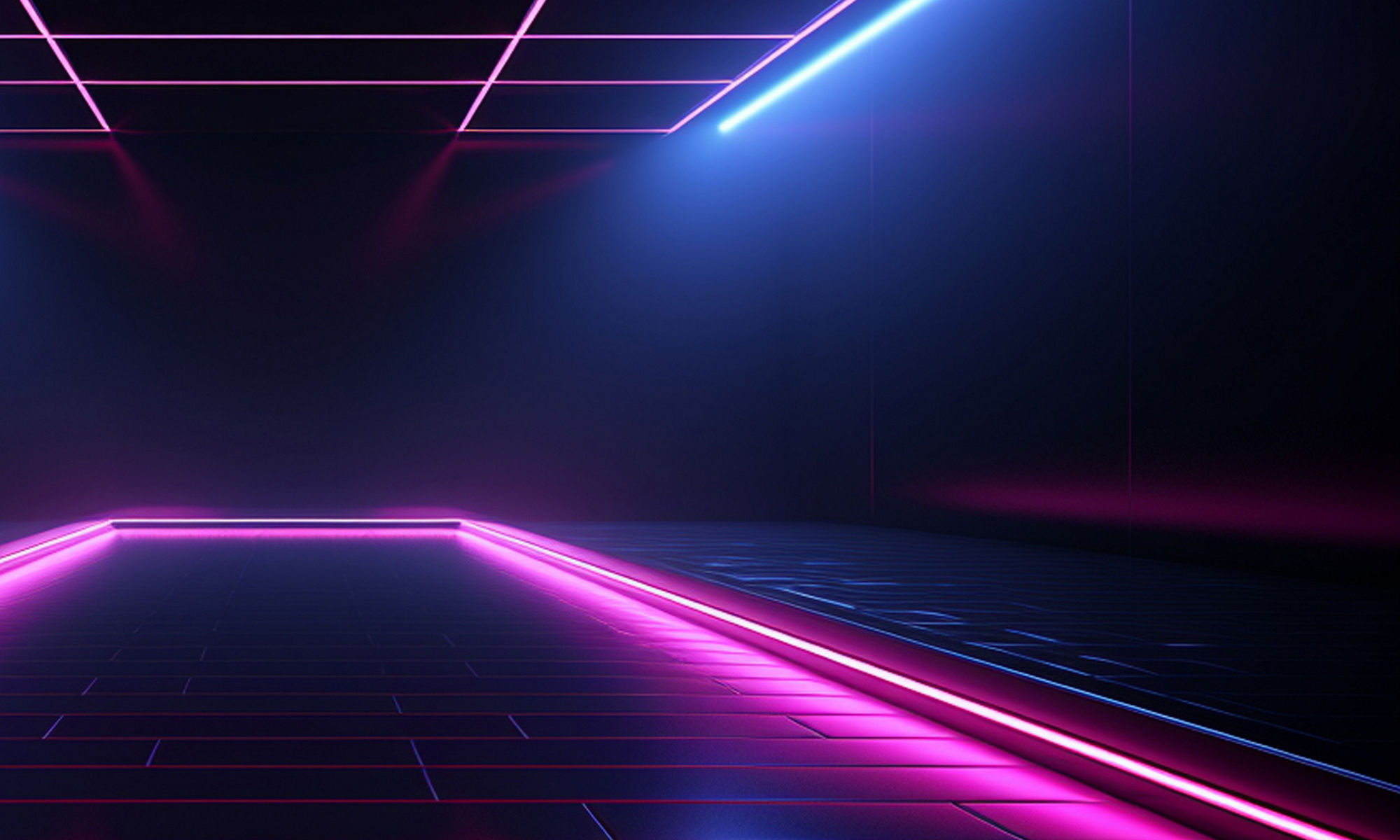 3D abstract render of pink and blue lighted bars and lines receding to background