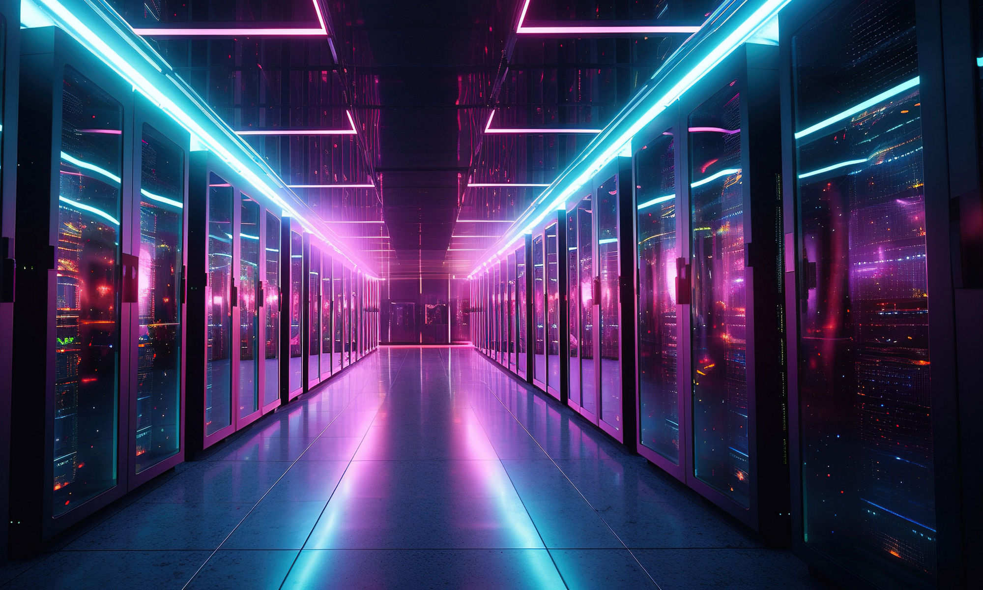 data center aglow with green and pink neon lights