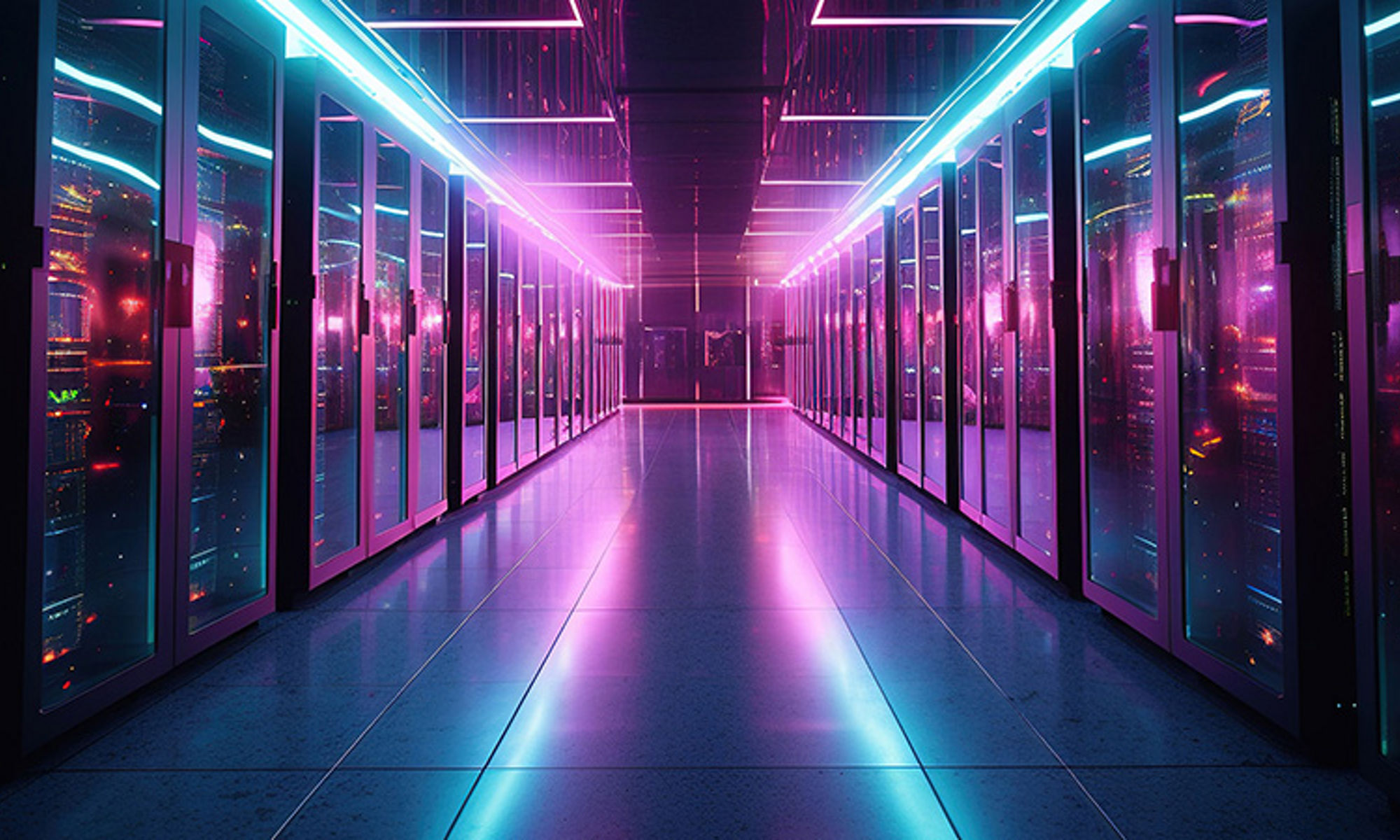 Data center server racks highlighted in blue and purple